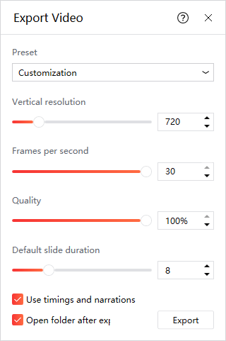 The iSlide export to video-MP4 parameters menu.
