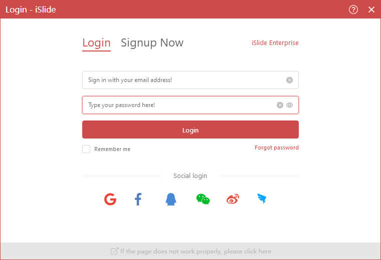 iSlide Login screen in English