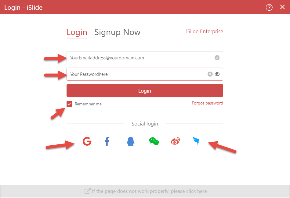 iSlide login screen with all the options