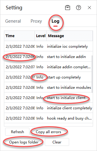 the iSlide viewing specific logs and errors option