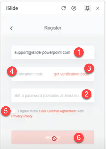 Registration page of the iSlide PowerPoint add-in